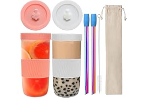 Sosayet Lot de 2 tasses à thé à bulles avec pailles, verres à smoothie, réutilisables pour boissons, pour café, milkshakes, jus, bière(rose, blanc)