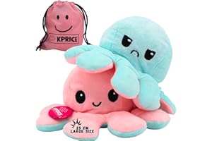 KPRICE® Pieuvre Peluche Réversible 25cm - Poulpe Peluche Mignonne - Octopus Poulpy Emotion - Bi Color - Poulpie Poulpi - Doudou Bebe- Peluche Humeur Content (Rose/Bleu Ciel)