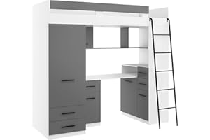 FurnitureByJDM High Sleeper Bed with Desk and Wardrobe – Space Saving Loft Bed for Kids (110x204 cm) Mattress Size 80x200 cm – Right Side Ladder – SMYK (White/Graphite)