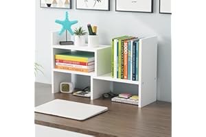 Dyserbuy Desk Shelf, Adjustable Desktop Bookshelf, Small Book Shelf, Desk Book Storage, Wooden Desktop Organiser for Office, Home, Study, White