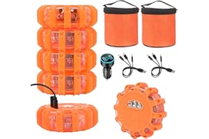 Yuanjoy Pack of 6 Rechargeable Warning Lights, LED Road Torches, Safety Flashing, with Magnetic Base and Hook, 9 Light Modes for Road Safety, for Cars, Trucks, Boats