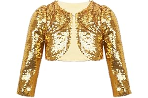 inlzdz Mädchen Bolero Pailletten Schulterjacke Kinder Festlich Glitzer Jäckchen Cardigan Top für Karneval Fasching Party Outfit Gold/Silber
