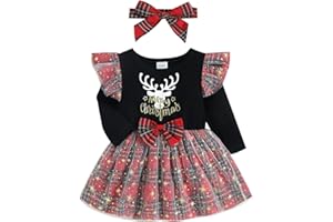 Geagodelia Robe de Noël Bébé Fille Manches Longues Robe Tutu Princesse Imprimé Renne avec Nœud + Bandeau Tenue Noël Ensemble 2Pcs Costume de Fête