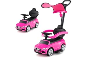 COSTWAY 3 in 1 Auto a Spinta, Mercedes-Benz Macchina Cavalcabile, con Schienale Regolabile Suono Barra di Spinta e Tettuccio, per Bambini 18-36 Mesi (Rosa)