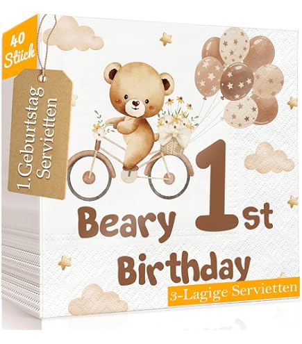 20 Servietten '1. Geburtstag Junge' Mit Teddy – Blau, 33x33 Cm, 3-lagig, FSC-zertifiziert
