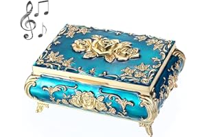 SUMNACON Metal Music Box Musical Jewelry Case Keepsake Case, Vintage Music Organizer Rose Embossed Musical Box for Christmas, Birthday, Valentines Day (Tune:You Are My Sunshine, Blue Gold)