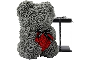 ROSEBEWU Rosenbär - Rose Teddybär 10 Zoll Hugz Teddy Blumenbär - Über 250 Dutzend künstliche Blumen - einzigartige Geschenke, Geschenke für Frauen Klare Geschenkbox (Gray)