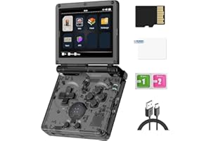 CAWEVON RG35XXSP Handheld-Spielkonsole, 3,5-Zoll-IPS Faltbildschirm Linux-System 3300-mAh-Akku Retro Videospielkonsole mit 64G-TF-Karte und 5532 Spielen (RG35XXSP, Transparent Schwarz, 64G)