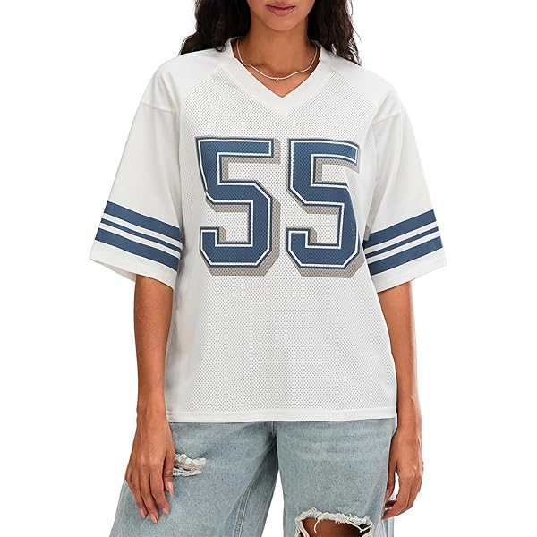 LYSINK Dames Y2k Oversized Jersey Shirts V-hals Halflange mouw Grafisch cijfershirt Zomer Casual Jersey Streetwear Tops, XL