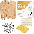 NOOR Crackling Wooden Wicks for Candles - Pack of 50 Pcs 5.1 x 0.5 inch Wood Wicks with Metal Sustainers, EVA Stickers and Warning Labels - Eco-Friendly Wooden Candle Wick