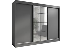 A&J MöbelLand Schwebetürenschrank ORAVELLE Kleiderschrank 3-türig mit Schubladen und Spiegel Garderobenschrank 200 cm (Graphit)