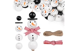 GEBETTER Christmas Snowman Wooden Beads Set DIY Winter Wood Bead Kits with Hemp Rope Red Plaid Ribbon for Christmas Tree DIY Crafts Making Decorations