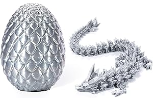 QINGSI 3D Printed Gem Dragon Action Figures with Detachable Mystery Dragon Scale Egg Crystal Dragon Fidget Toy for Autism ADHD Dragon Egg Articulated Dragon Toys for Christmas Birthday Gifts,Silk Silver
