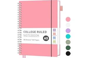 RETTACY A5 Notebook, Journals for Women Lined,Wirebound Spiral Notebook 160 Pages for Writing,100gsm College-Ruled Paper, PVC Pocket,Pen Loop, Ruler, Bookmark,14.5 x 20.7cm- Pink