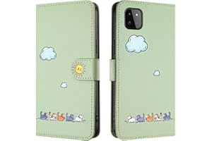 Rnrieyta Miagon per Samsung Galaxy A22 5G Cover,Custodia Cartone Nuvola Gatto Carino Portafoglio a Libro in PU Pelle Flip Cover con Porta Carte Chiusura Magnetica Case,Verde