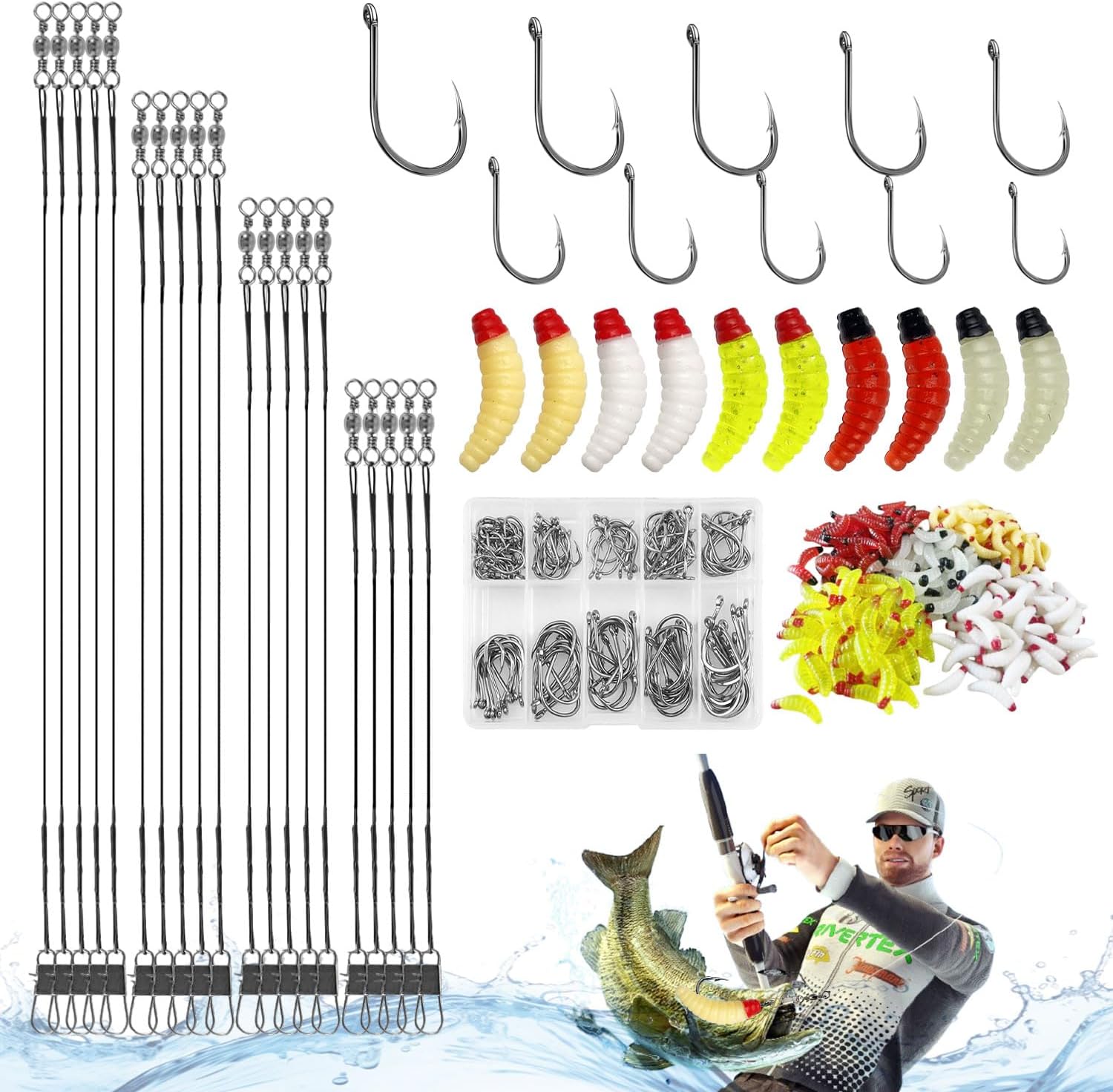 Kit de Pesca con 370 Artículos 100 Anzuelos de Pesca en Acero Carbono (3-12#) en Estuche 250 Señuelos Black Bass PVC (5 Color) 20 Alambre Guía Acero (15/20/25/30 cm) Señuelos para Pescar Noche/Fondo