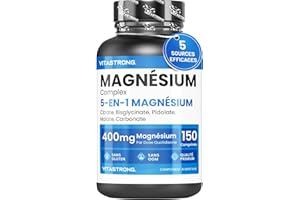 VITASTRONG. Magnésium Complexe 5 en 1, 400mg par Dose, 5 Sources de Magnésium Bisglycinate, Citrate de Magnesium, Malate, Pidolate, Carbonate, 150 Comprimés Magnesium Pur Sans Gluten, Qualité Premium Vitastrong