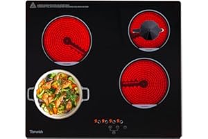 Topwish placa vitroceramica 4 fuegos, vitrocerámica 4 fuegos, vitrocerámica encastrable 60cm con 9 niveles, cierre de seguridad, indicador de superficie caliente, 6000W