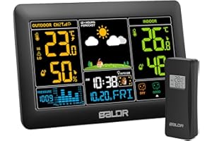 Konsen Wetterstation funk mit Außensensor DCF Funkuhr, Großes Farbdisplay mit Innen und Außentemperatur/-luftfeuchtigkeit, dimmbare Beleuchtung, Wettervorhersage, Luftdruckanzeige