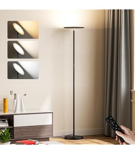 FIMEI Staande lamp, staande lamp met afstandsbediening en touch-bediening, 3000 K-6000 K, kleurtemperatuur en continu dimmen, led-vloerlamp op standaard voor woonkamer, slaapkamer, kantoor, zwart