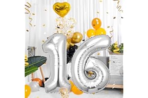 PARTYHAUSY Ballons Anniversaire 16 Argent - 100cm - Ballon Chiffre 16 Numéro 16 - Happy Birthday Decoration Ballons Fête d'anniversaire Ans Vole Grâce à l'Hèlium 16
