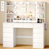 Large Makeup Vanity with Mirror and Dimmable LED Light, 10 Bulbs | Recessed Glass Top with Visible Interior 12 Drawers, 6 Hoo