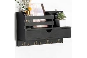 Irayin Colgador de Llaves con 4 Ganchos Dobles, Multifuncional Porta Chaves con Buzón, Colgador Llaves Pared con Cajón, Cuelga Llaves Pared para Salón, Pasillo, Oficina - Negro