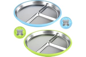 comeder 2 Pack Stainless Steel Baby Plates with Suction, Divided Plate with Removable Silicone Sleeve for Baby Led Weaning Supplies, Toddler Utensils Baby Feeding Set, Non-Slip & Dishwasher Safe