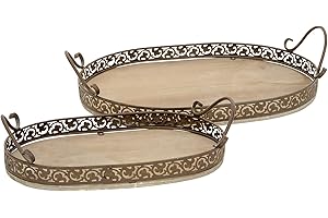 ETC dekoratives Tablett ovales Deko-Tablett mit Griffen Metall in Shabby braun Vintage Landhaus Optik (mittel)