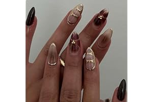 GlamRays Lot de 24 faux ongles à coller, manucure française, en acrylique, forme amande, taille moyenne, marron, nude, brillant, couverture complète de l’ongle