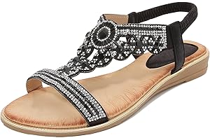 Kivors Sandals for Women Flat Rhinestone Ladies Sandals Open Toe T-Strap Bohemian Womens Sandals for Summer Beach Holiday Outdoor
