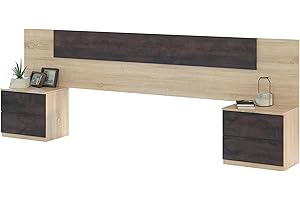 HABITDESIGN Cabezal con Dos Mesitas de Noche en Roble y Oxido 247x50x38 cm