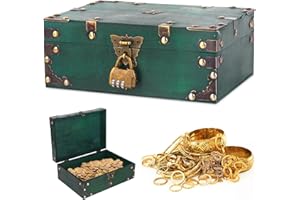FENGQ Drewniana skrzynia na skarby w stylu vintage, 24 x 17 x 10 cm, skrzynia na skarby z zamkiem szyfrowym, drewniana skrzynia na skarby z pokrywką do przechowywania i dekoracji, zielona
