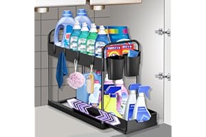 MROOYI Organizer Cucina, 2 Livelli Organizer Sottolavello Cucina con 2 Tazza Appesa e 4 Ganci, Organizzatore Scorrevole per Bagno e Soggiorno