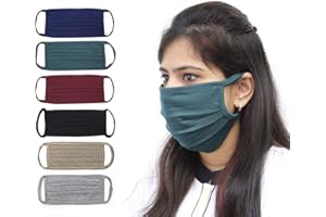 Penguin Home 100% Cotton Reusable Pleated Face Mask - Set of 6 in Solid Colours - Washable with Anti Microbial Finish - Anti Dust