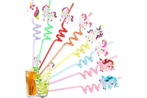 DAWUMIN 8 Stück Strohhalme Kinder, Wiederverwendbare Strohhalm, Einhorn Strohhalme Kindergeburtstag, Farbige Trinkhalme Plastik, Plastikstrohhalme für Kindergeburtstagsparty-Dekoration (Einhorn-8pcs)