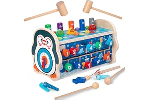Revanom Educational Toys for 1 Year Old 7 in 1 Wooden Montessori Toys Hammering Pounding Toy with Penguin Game Knocking Exercise Puzzle Toy for Toddlers Kids