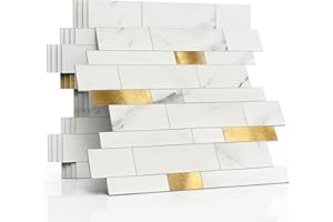 M MOFIT 3d Selbstklebende Wandfliesen Küche,Matte Marmor Mosaikfliesen Selbstklebend Steinoptik Metro Fliesen Ziegel Wandaufkleber Bad Wasserdichte(10 Matten,Weiß Gold）