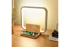 INSSISAIN Lámpara De Noche LED con Despertador, Cargador Inalámbrico 10W, Táctil Regulable con 3 Niveles de Brillo, Lámpara Moderna con Reloj para Escritorio Para Dormitorio, Salón, Oficina