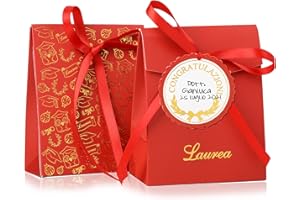 BETESSIN 50Pz Scatole Bomboniera Portaconfetti per Laurea con Etichette Congratulazioni, Nastro Rosso Fai da Te Decorazione Festa per Confetti Caramelle Regalo