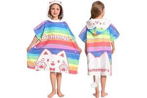 OLAOLA Poncho da Bagno con Cappuccio per Bambini, Morbidi Asciugamani da Spiaggia in Microfibra, Asciugamano Poncho da Piscina per Bambini e Bambine dai 3 ai 12 Anni, Gatto Arcobaleno