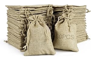 RUBY 50PCS Bolsas de Yute con Cordón 6.5 X 8.5cm Saco Tela Yute Bolsitas de Tela Pequeñas Bolsas de Lino de Regalo de Arpillera Marrón para Navidad Boda Fiesta Favor y DIY Craft Caramelo Embalaje