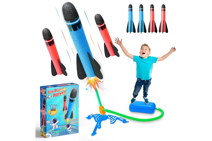 HappyGoLucky 4pcs Foam Rockets Toy Launcher Playset for Kids Fun Outdoor Toys Gifts for Boys Girls