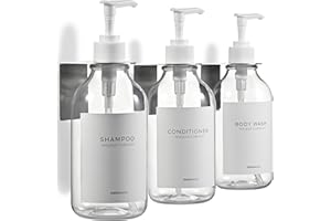 MaisoNovo Dispenser per shampoo da parete per doccia a 3 camere, dispenser di sapone da doccia senza trapano, montaggio a parete con etichette impermeabili, 3 bottiglie trasparenti, 3 supporti da