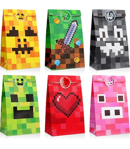 SAVITA 50 Stück Pixel Geschenktüten - 2 Stile, 17x25 Cm, Kunststoff, Für Kindergeburtstag & Partys