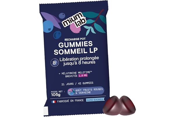 Mium Lab - Sommeil breveté 8h à libération prolongée - Anti-réveils nocturnes & Endormissement - Mélatonine brevetée - Éco-recharge 42 gummies - Gummies Sans Sucres - Fabriqué en France