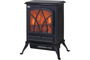 HOMCOM Electric Stove Heater with Realistic Flame Effect, 2000W Portable Indoor Freestanding Electric Fireplace with Adjustable Thermostat, Black