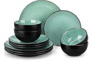 vancasso Bubble Plates and Bowls Sets - 12 Piece Dinnerware Sets Service for 4, Reactive Glaze Stoneware Tableware Set, Microwave, Dishwasher, Oven Safe (Green)