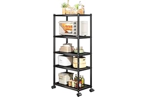 Kitstorack Etagere Metal pour Rangement à 5 Niveaux – Etagere Rangement Garage Robustes avec Roues – étagères Réglables pour Garage, Cuisine, Entrepôt, Garde-Manger, Noir, 145 X 61 X 30 Cm