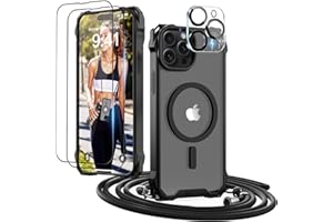 GUtttGU Handykette für iPhone 15 Pro Max Hülle mit Band mit 2 Displaychutzfolie Panzerglas + 2 Kamera Schutzfolie Klar Handyhülle Kompatibel mit Magsafe Schutzhülle Case für iPhone 15 Pro Max Schwarz